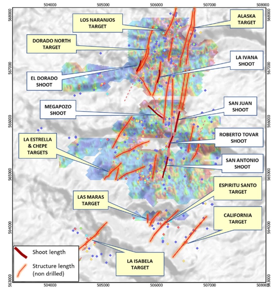 Figure 1. Map showing inferred veins within a 2.5-km radius of the historic Santa Ana mines. The veins are in red and the length of known shoots in burgundy. The shoots are labeled with white callouts and the near-term drilling targets with yellow callouts. (CNW Group/Outcrop Silver & Gold Corporation)