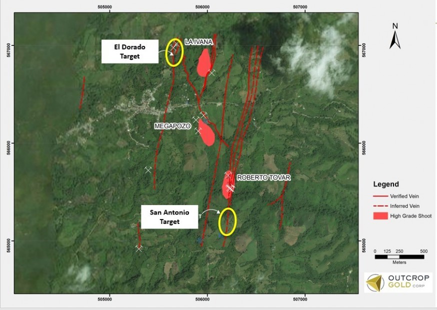 Map 1: Location of La Ivana, Megapozo and Roberto Tovar high-grade shoots and the new El Dorado discovery. (CNW Group/Outcrop Gold Corp.)