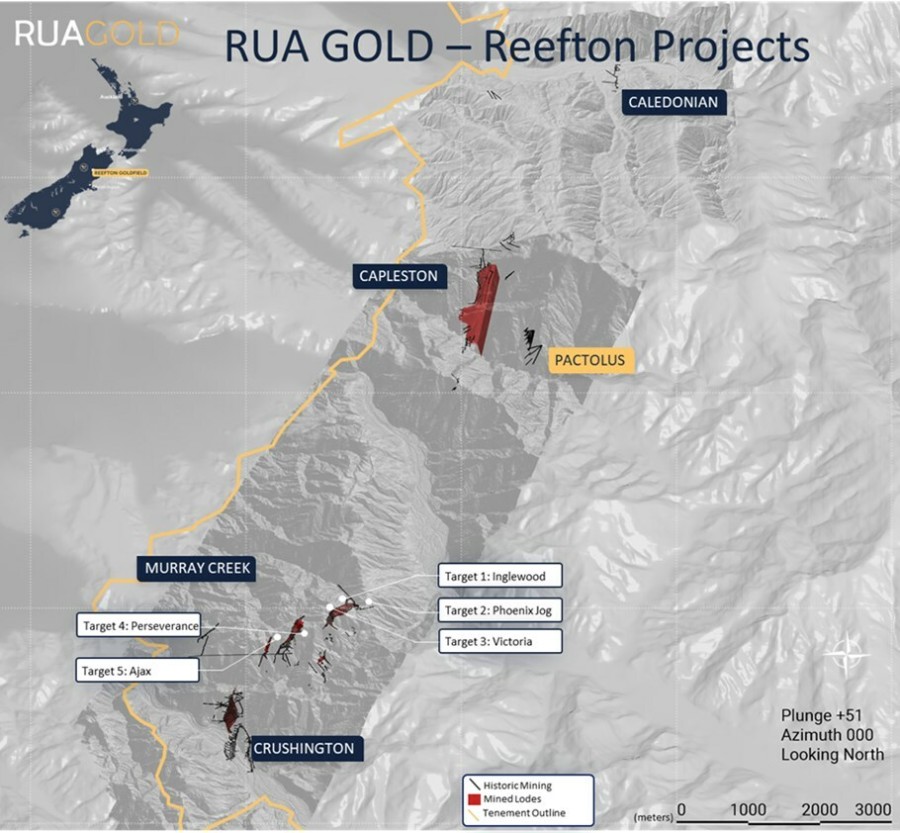 Figure 1: Location of drill campaign targets for 2024 in the Reefton Goldfield. (CNW Group/Rua Gold Inc.)