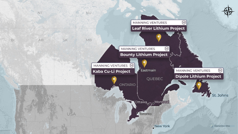 Figure 1: Manning Ventures Lithium Projects in Ontario, Quebec and Newfoundland, Canada