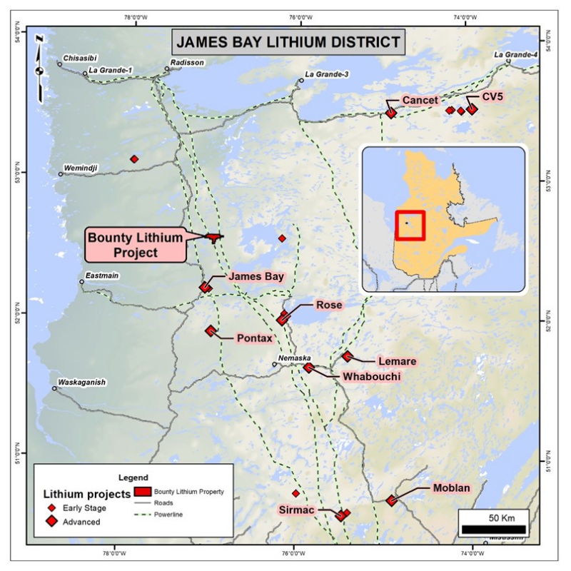 Figure 2: Bounty Property within the James Bay Lithium-Pegmatite District, Quebec