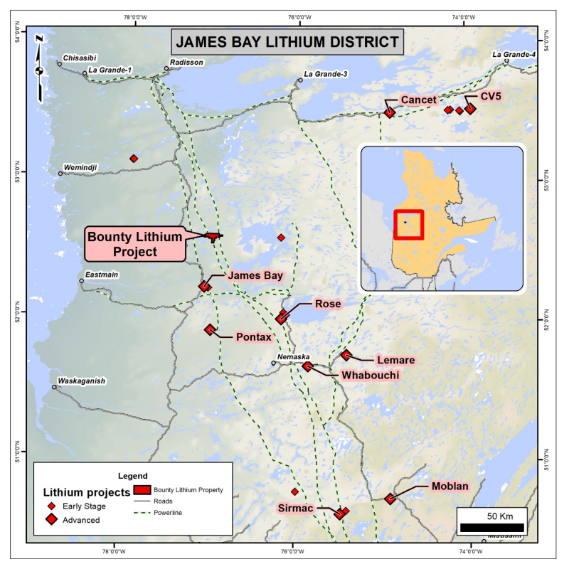 Figure 1: Manning’s property within the James Bay Lithium-Pegmatite District, Quebec