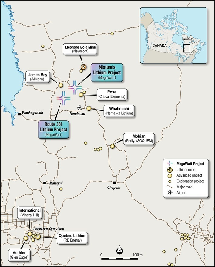 FIGURE 1: ROUTE 381 & MISTUMIS LITHIUM PROJECTS Source: Megawatt geology team (CNW Group/MegaWatt Lithium and Battery Metals Corp.)