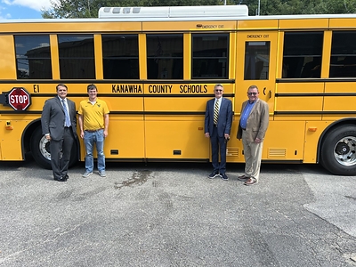 Dr. Tom Williams, Kanawha County Schools Superintendent, Ryan White, Kanawha County School Board Member, Vic Sprouse of the West Virginia Department of Economic Development and GreenPower’s Vice President Mark Nestlen as the Type D GreenPower zero-emissions BEAST was delivered for the county pilot project.