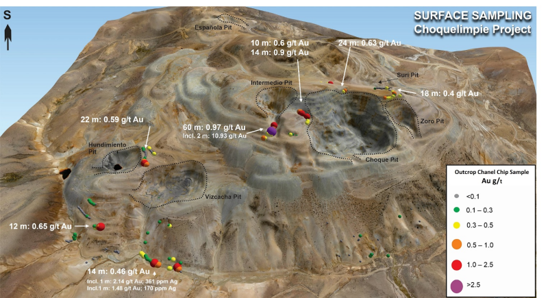 Figure 2: Surface geochemistry samples taken with an oblique view looking south towards the main historically mined ore bodies. &nbsp;Note the widespread intervals of surficial oxide Au-Ag mineralisation and the large areas that remain to be tested.