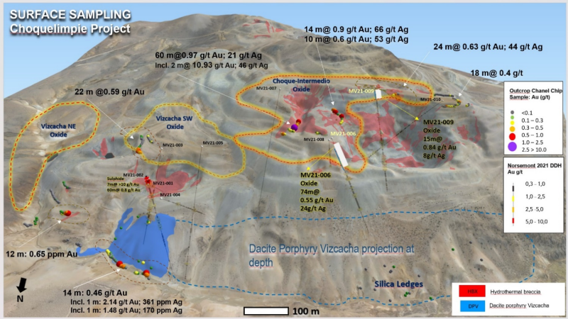 Figure 3: &nbsp;Surface geochemistry samples taken with an oblique view looking south with the 2021 DDH drill holes and observed/interpreted important lithologic domains.