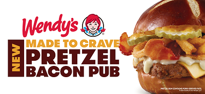 Wendy’s Debuts Pretzel Bacon Pub Cheeseburger Packed with Applewood Smoked Bacon, Smoky Honey Mustard, Muenster Cheese, Warm Beer Cheese Sauce, Crispy Fried Onions and Pickles.
