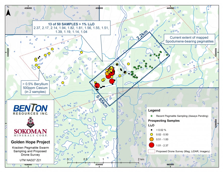Golden Hope Project: Kracken Pegmatite Swarm Sampling and Proposed Drone Survey