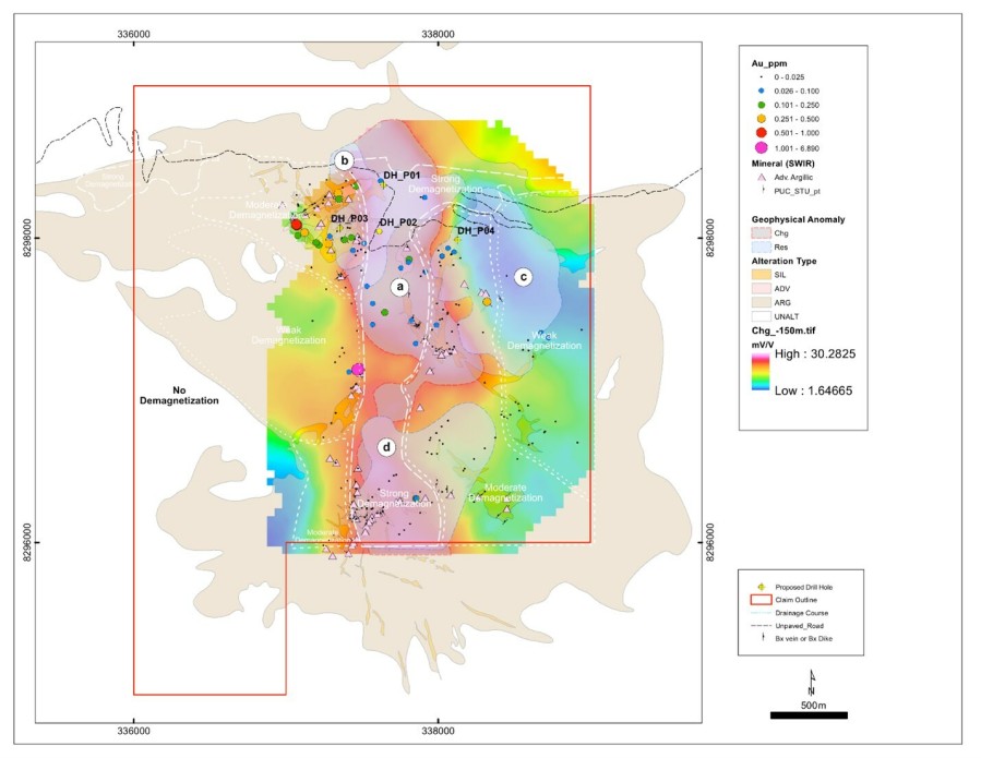 Figure 1: A compilation of key high sulphidation epithermal Au targets and proposed diamond drill locations. (CNW Group/Forte Minerals Corp.)