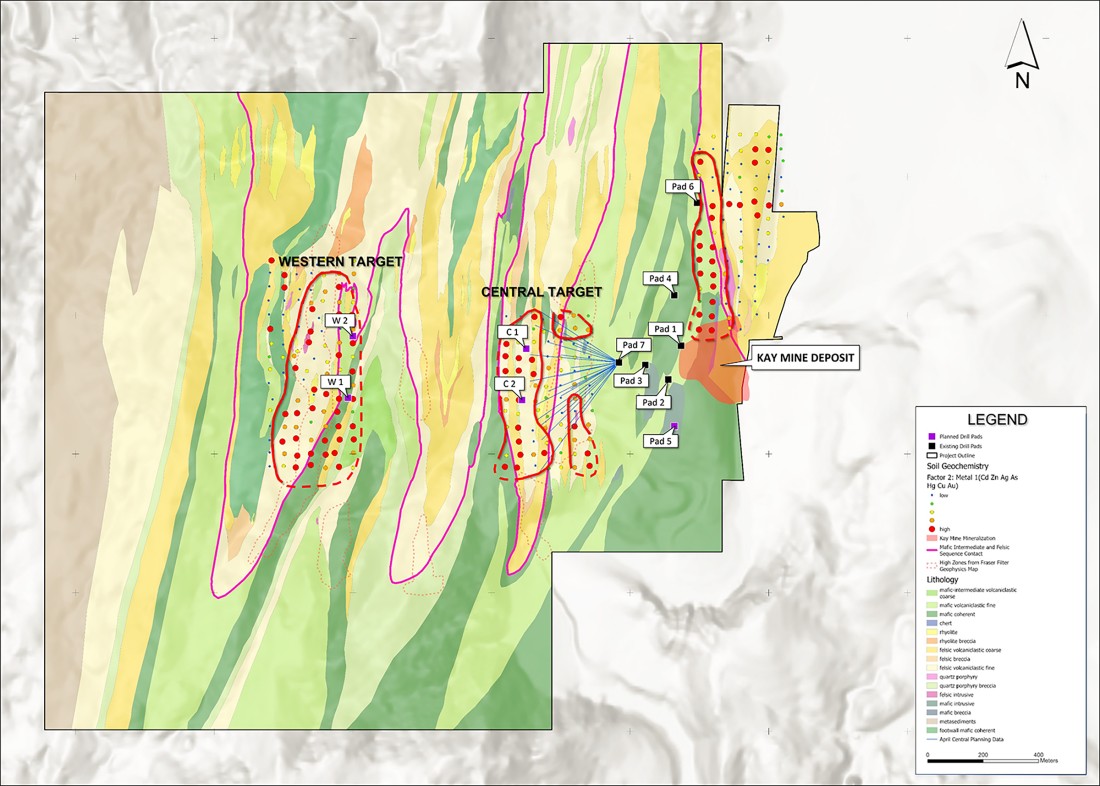 Figure 1. Plan view showing pads C1 and C2 located at the Central Target. Drilling of the Central Target is already underway from pad 7, with an initial program of 20 drill holes totaling 11,000 m. (Graphic: Business Wire)