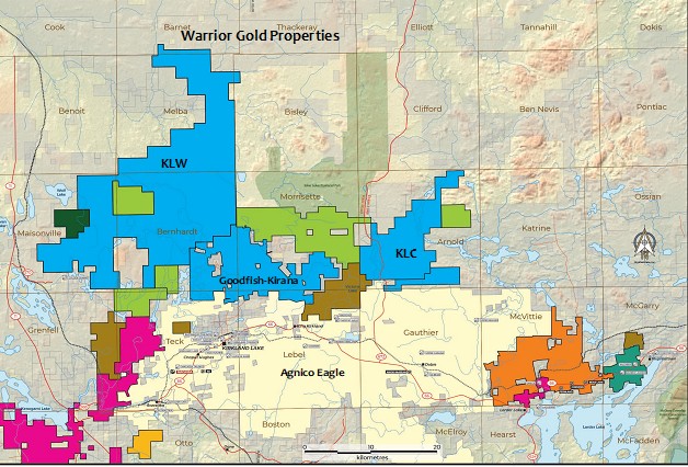 Figure 1. Warrior Gold’s land position in the Kirkland Lake gold camp (map from DigiData/EarthLabs). (Photo: Business Wire)