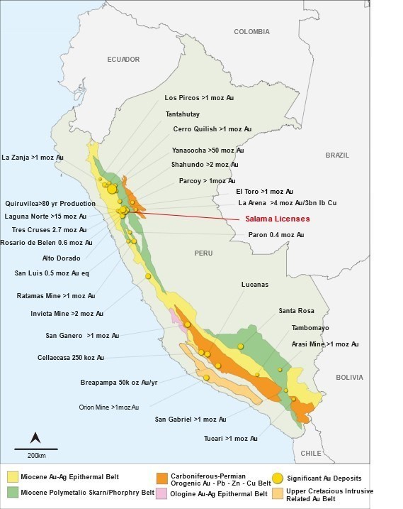 Sentinel's Salama Gold Project situated within Peru's prolific gold-polymetallic Miocene skarn and porphyry belt (CNW Group/Sentinel Resources Corp.)