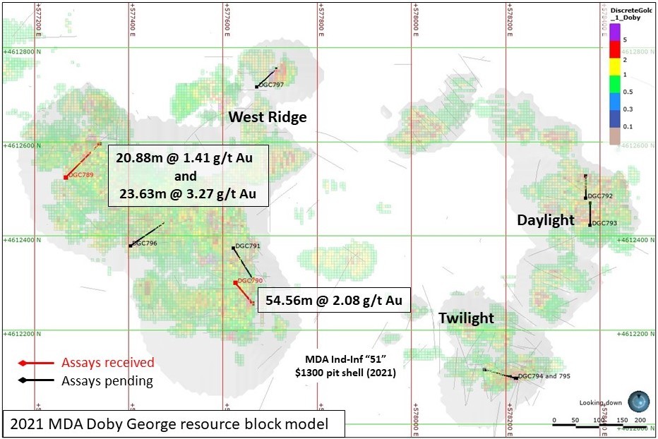 Figure 1. Location of 2022 PQ Metallurgical test holes and resource zones in the Doby George deposit (Graphic: Business Wire)