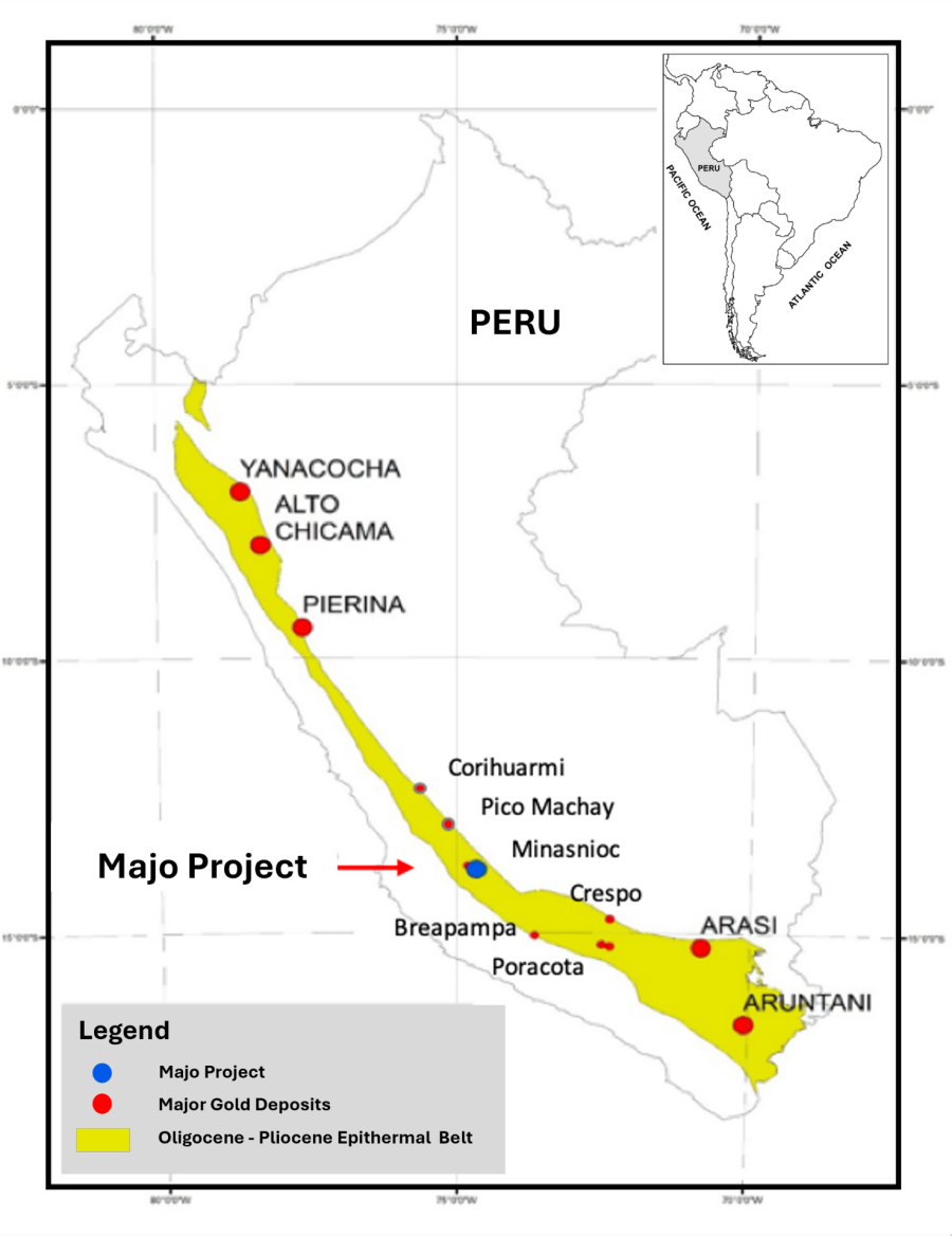 Figure 1: Majo Project Location with Oligocene-Pliocene Epithermal Belt of Peru