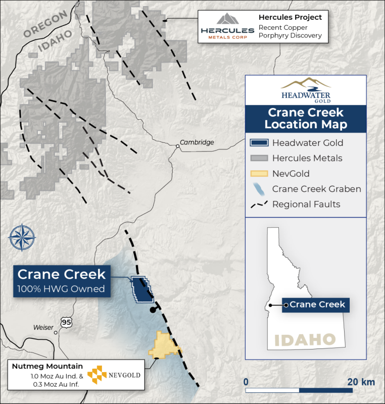 Figure 1: Location of the Crane Creek project in western Idaho with respect to the Crane Creek Graben, a major extensional fault system which hosts the Nutmeg Mountain epithermal gold deposit, and lies approximately 40 km south of the recently discovered copper porphyry belt centered on the Hercules project.