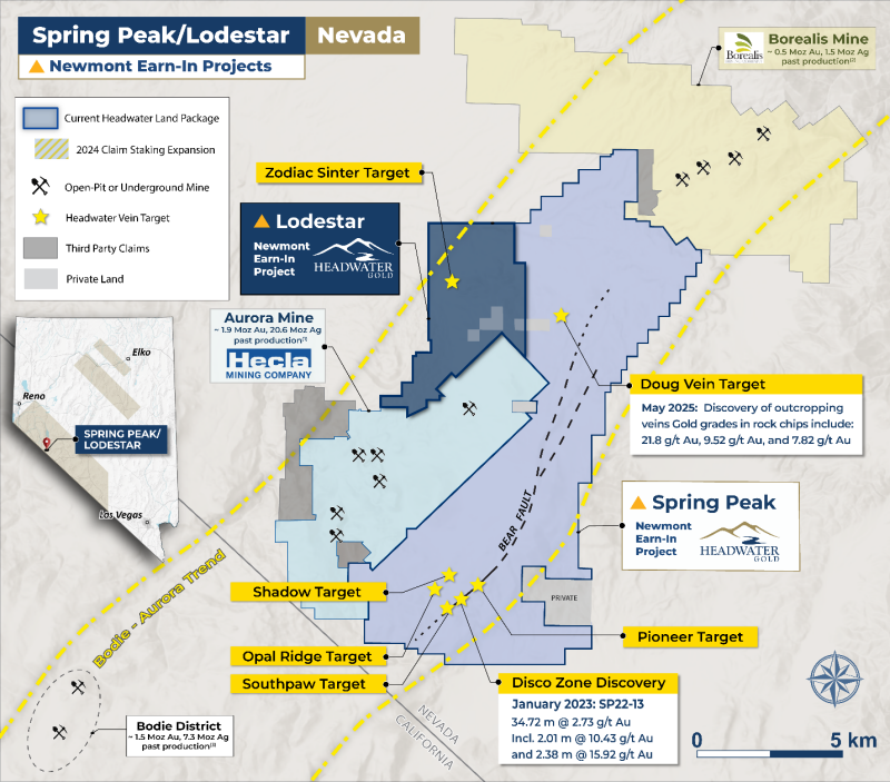 Figure 1: &nbsp;Map of the Headwater Spring Peak and Lodestar land positions within the Aurora trend showing area of the Spring Peak 2024 drill program. [1]Vikre and others (2015); [2]Borealis Mine 43-101 dated February 16, 2024; [3]Long and others (1998).