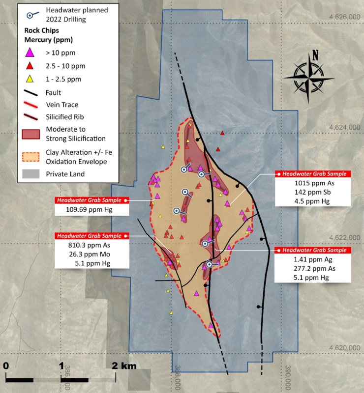Figure 3: Agate Point project showing proposed drillhole locations. Drilling will test for gold mineralization at depth below a large epithermal alteration footprint.