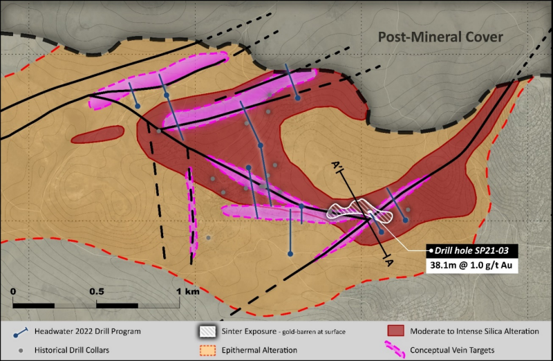 Figure 2: Spring Peak project geological map with drill targets and the location of planned drill holes. &nbsp;Drilling will follow up on last year’s blind vein discovery and drill multiple untested high-grade vein targets on adjacent structures.