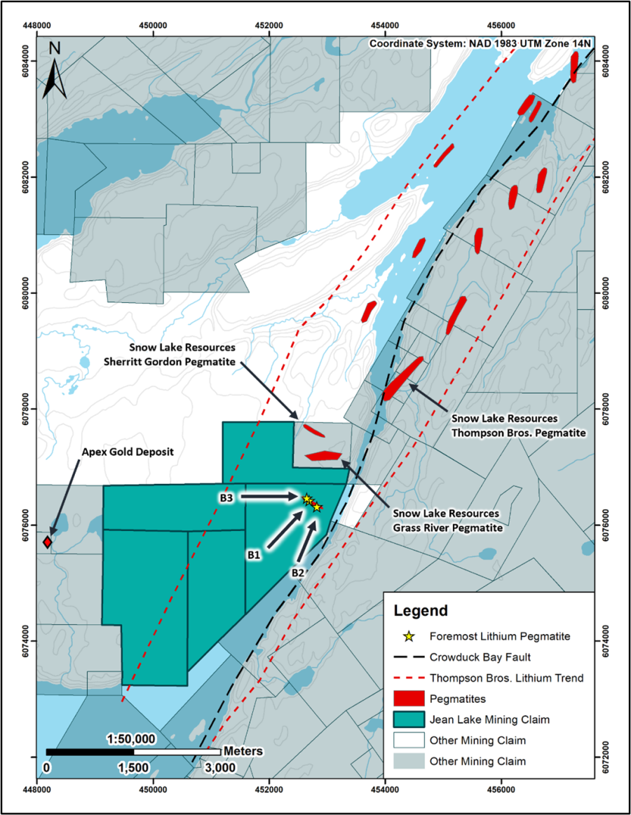 Figure 1. Map of Jean Lake’s B1,B2 and B3 Spodumene Bearing Pegmatites 