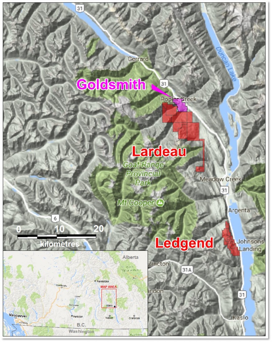 Figure 1: Location of Goldsmith and Kootenay Properties in Southeast B.C.