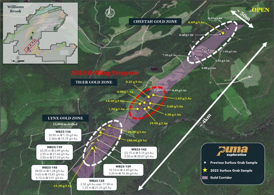 Figure 1. Gold zones along the Lynx Gold Trend (LGT)