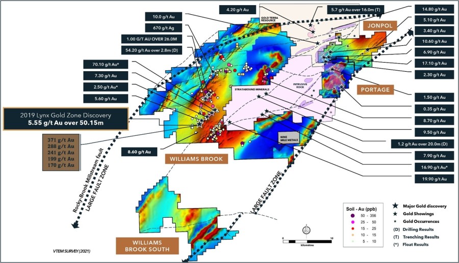 Figure 4. Main gold showings and occurrences at the Williams Brook Gold Project