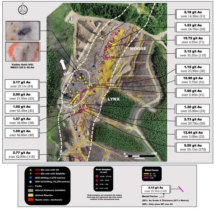 Figure 1. Map of the Lynx Gold Zone drill intercepts over 25 MF