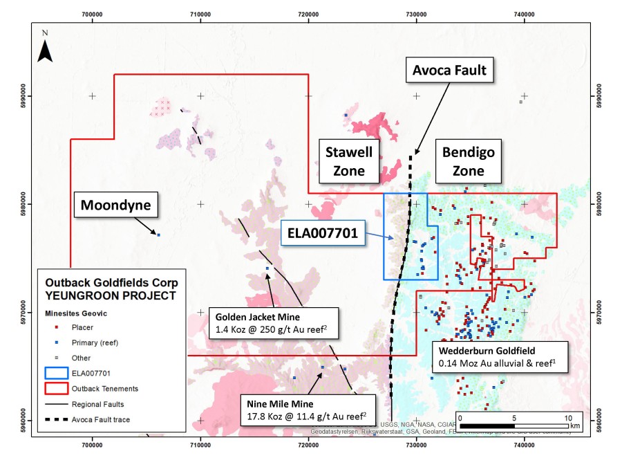 Map of the existing Yeungroon tenements and the location of EL0077001 in relation to existing target areas; Golden Jacket and Wedderburn. Note: Au production values are historic estimates. (CNW Group/Outback Goldfields Corp.)