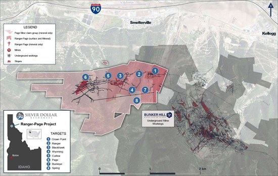 Figure 1: Ranger-Page claim groups, underground mine workings, and new target areas.