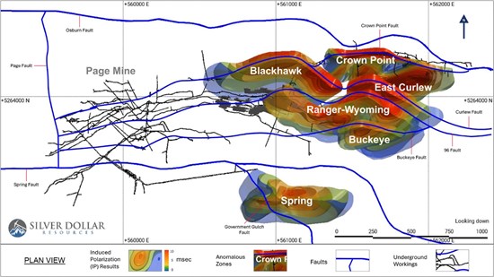Figure 3: Coloured areas depict IP anomalous zones dipping along faults toward the south.