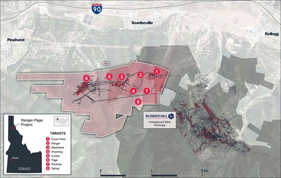 Figure 2: Plan view of Ranger-Page Claim Package, historical underground mine workings, and new targets.