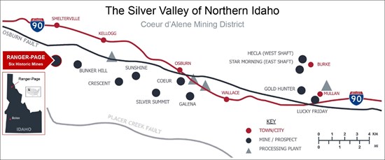 Figure 1: Location of the Ranger-Page Project in the Coeur d’Alene Mining District.