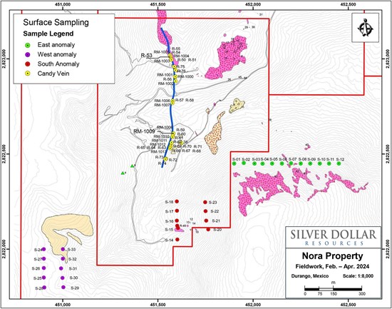 Figure 1: Nora property plan view with surface sample locations.