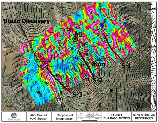 Figure 1: 2022 Brazo Discovery Ground Magnetic Survey and Geophysical Interpretation.