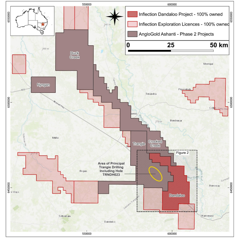 Figure 1: Location map showing Dandaloo Project relative to the Trangie and other Inflection exploration licenses and the projects included as part of Phase II of the AngloGold Ashanti Agreement.