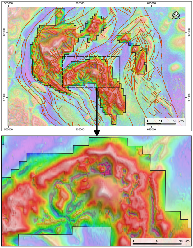 Figure 2: &nbsp;Total magnetic intensity map with reduced-to-pole filters. &nbsp;Regional magmatic complex situated on the under-cover extension of the interpreted northern MVB coincident with magnetic features interpreted to represent potential intrusive related copper-gold targets. &nbsp;Figure shows Inflection exploration license (Black lines) with the structural interpretation (Red lines).