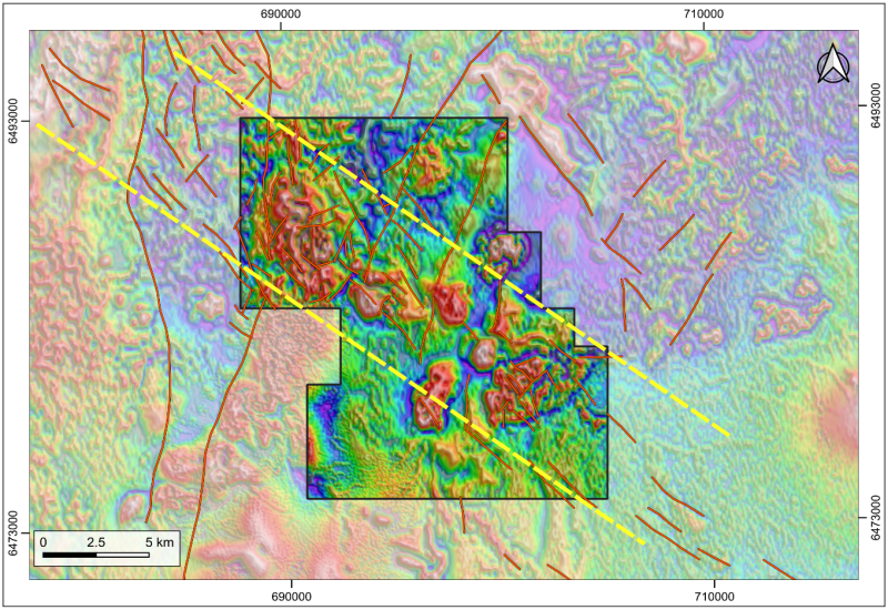 Figure 3: &nbsp;Mendooran targets on total magnetic intensity map with reduced-to-pole filters. &nbsp;Regional magmatic complex situated on the under-cover extension of the northern MVB coincident with corridor of northwest trending magnetic features (Yellow) interpreted to represent potential intrusive related copper-gold targets. &nbsp;Figure shows exploration license (Black lines) with the structural interpretation (Red lines).