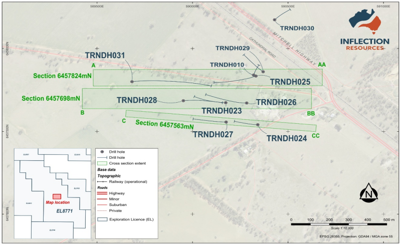 Figure 2: &nbsp;Trangie project drill hole map with location of geological cross sections.