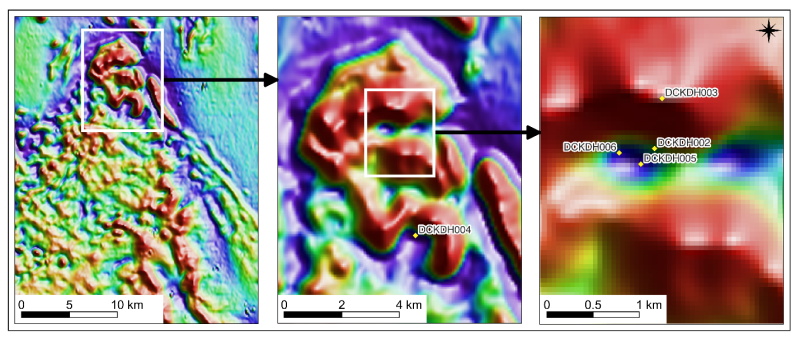 Figure 2: &nbsp;TMI RTP (Total Magnetic Intensity – Reduced to Pole with a first vertical derivate filter) magnetic map showing collar locations of drill holes completed at Duck Creek.