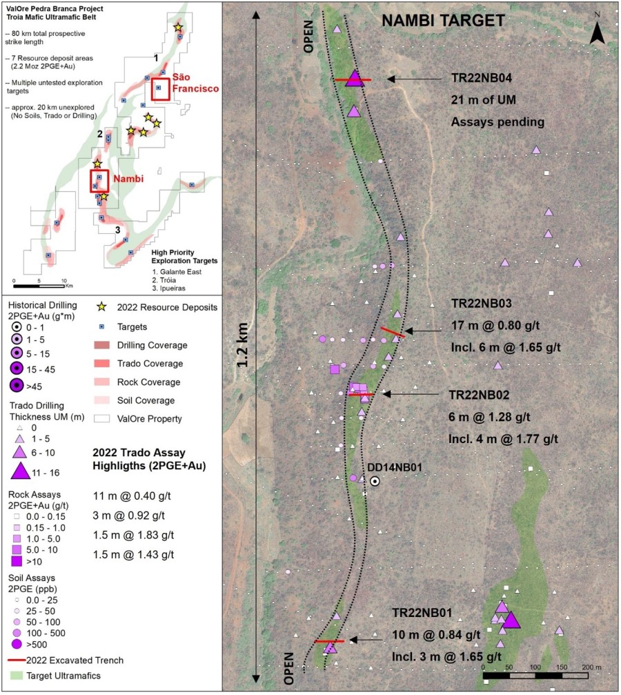 Figure 1: Plan map of the Nambi target, locating 2022 trenches excavated along the main mineralized trend.
