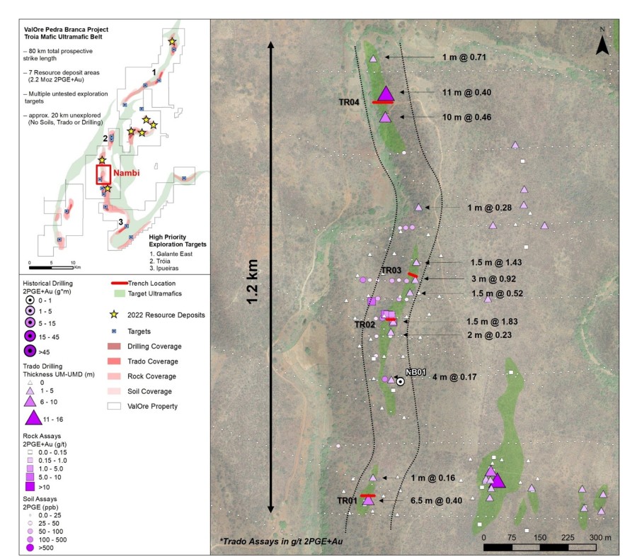 Figure 1: Plan map of Nambi target, locating Trado® auger holes and trenching along the main mineralized trend.