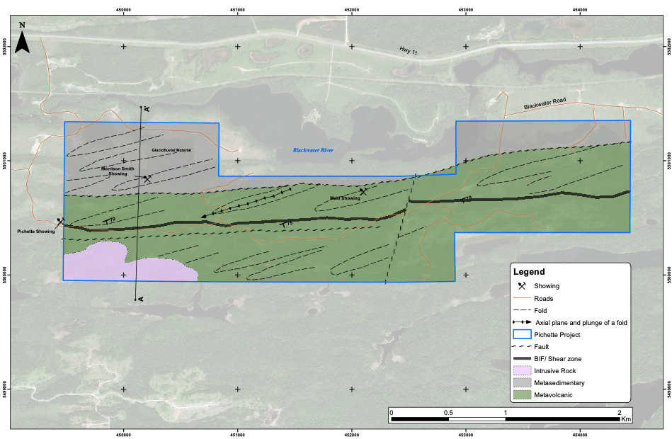 Figure 2: Pichette Project showing generalized surface geology, infrastructure and registered mineral occurrences (MDI’s)