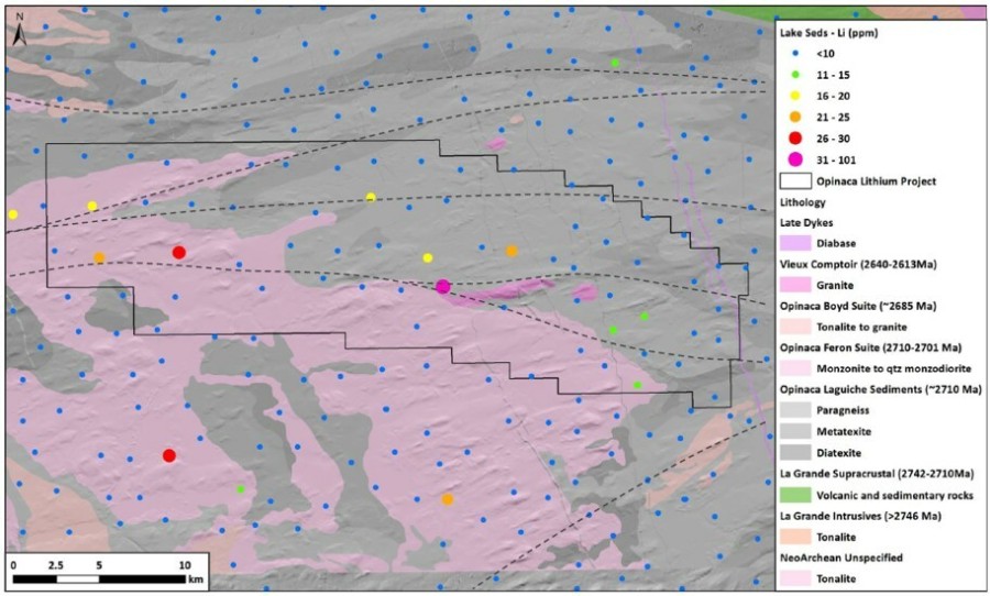 Figure 1 - Geology Map of Opinaca with Li Values in Lake Sediments (CNW Group/Targa Exploration Corp.)