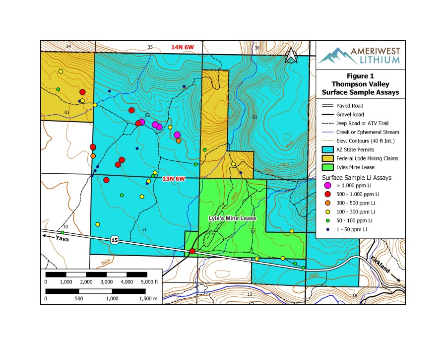 Figure 1 - Ameriwest Lithium, Thompson Valley Surface Sample Assays
