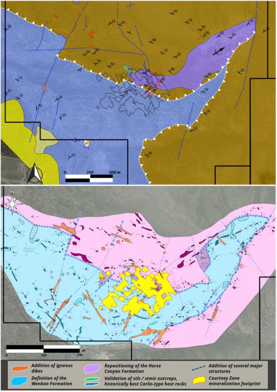 Figure 2: Toiyabe Project – Inherited Geologic Map (Above) vs. Westward Mapping (Below)