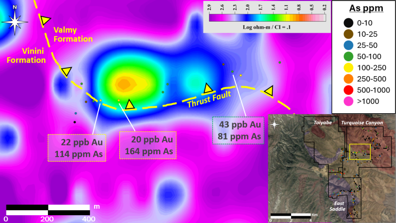 Figure 8: Resistivity Anomaly at Turquoise Canyon with Notable Geochemical Results & Faulting