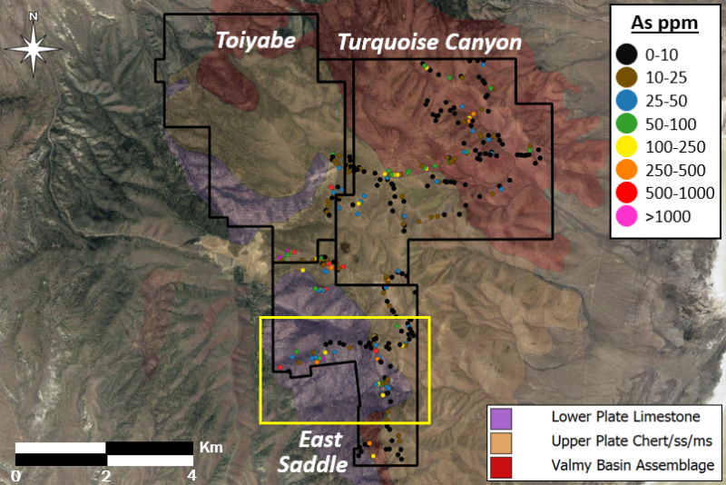 Figure 4: Notable Prospective Area (East Saddle Project); Sample Arsenic Value Ranges (ppm)