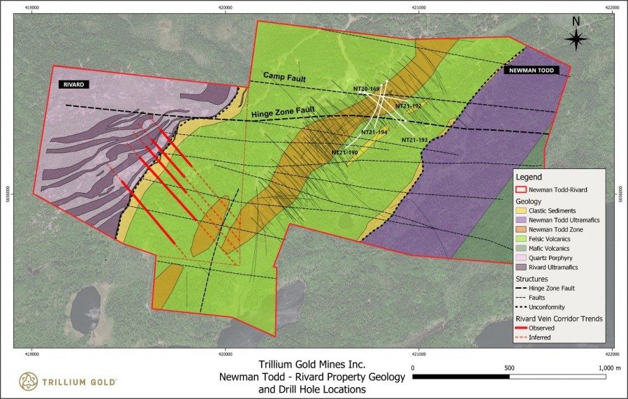 Figure 1: Geology plan showing the location of NT21-194 and other drill holes identified in the news release. (CNW Group/Trillium Gold Mines Inc.)