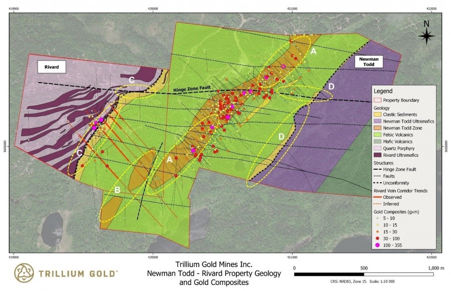 Figure 1: Geology plan of the Newman Todd and Rivard properties showing significant composite intervals. Labelled exploration areas correspond to bullet points below. (CNW Group/Trillium Gold Mines Inc.)