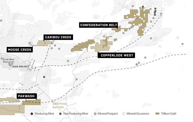 Figure 1 Location of the Confederation Belt & Pakwash properties relative to Great Bear’s Dixie Gold Property. (CNW Group/Trillium Gold Mines Inc.)